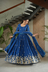 Trendy Blue Chinnon Zari Designer Gown